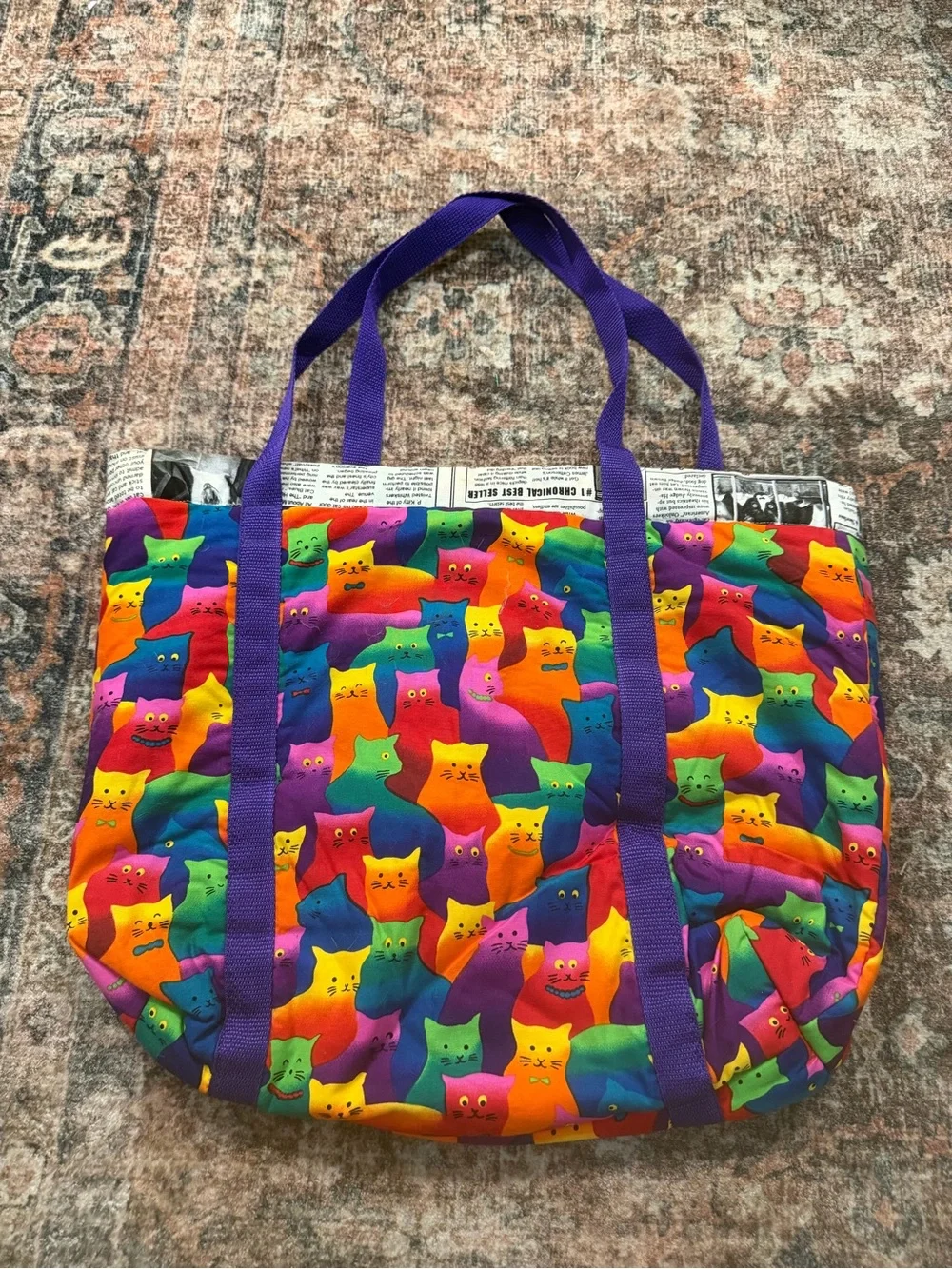 Reversible Cat Pattern Quilted large Tote Bag in Multicolor with Purple Handles